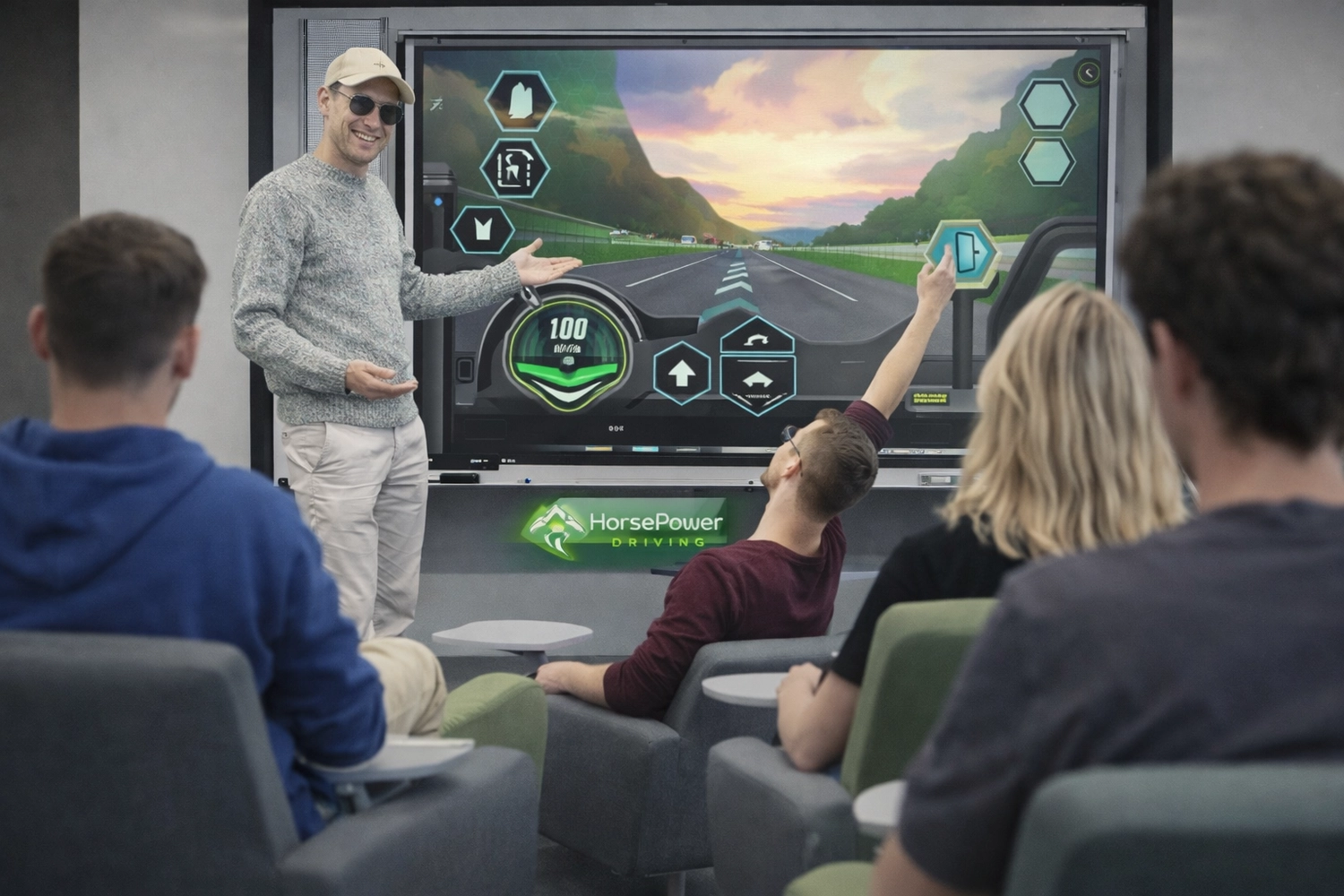 Horsepower Driving - Fahrschule - Ein Fahrschulklassenzimmer. Ein Fahrlehrer steht an einem großen interaktiven Simulatorbildschirm, der eine virtuelle Straße anzeigt, und erteilt den sitzenden Fahrschülern eine theoretische Lektion.