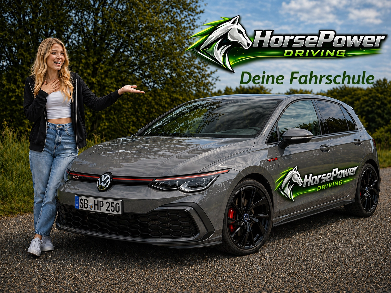 Horsepower Driving - Fahrschule - Eine Frau posiert neben einem grauen VW Golf GTI Fahrschulwagen mit dem Aufdruck „HorsePower Driving“.