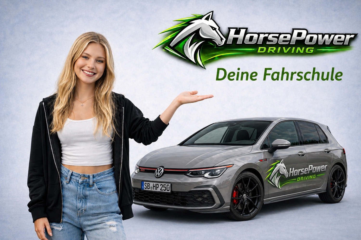 Horsepower Driving - Fahrschule - Eine lächelnde junge Frau in schwarzer Jacke und Jeans steht neben einem grauen VW Golf mit dem Logo „HorsePower Driving“ an der Seite.
