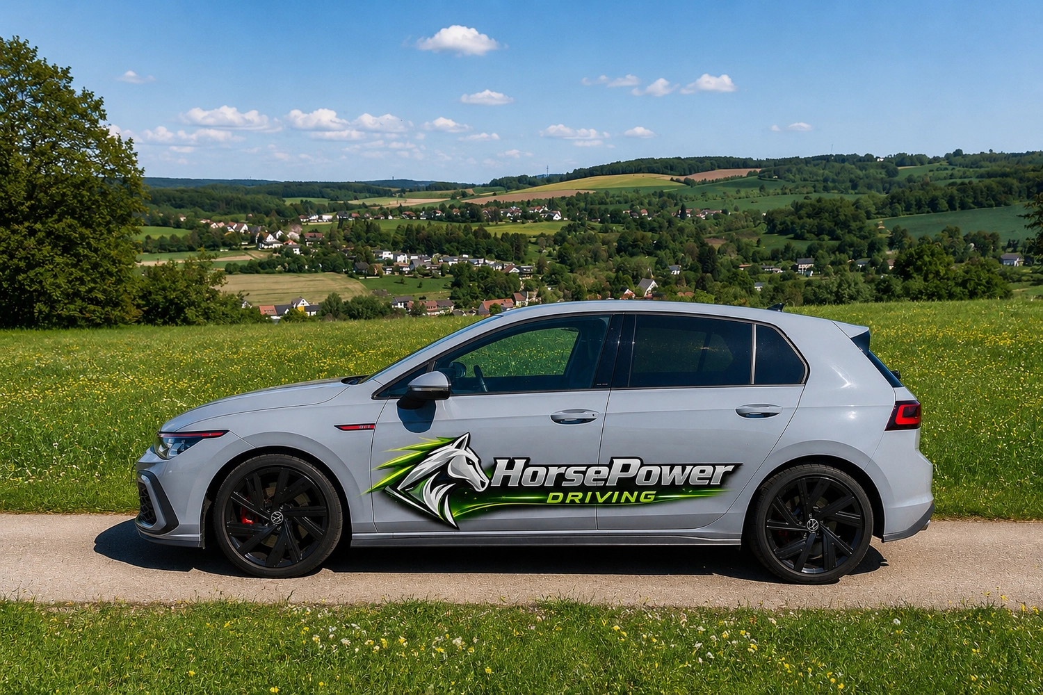 Horsepower Driving - Fahrschule - Ein hellgrauer Schrägheckwagen steht quer an einer Landstraße mit Blick auf ein grasbewachsenes Feld und ein Dorf.